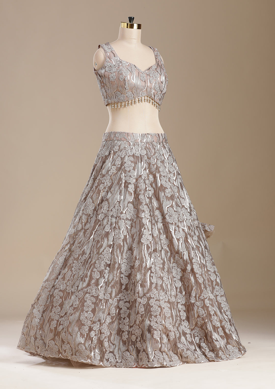 Brown Threadwork Net Readymade Lehenga