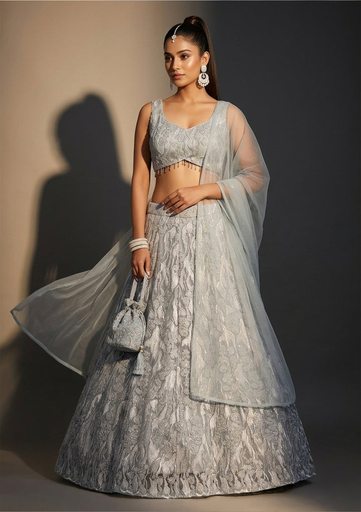 Grey Threadwork Net Readymade Lehenga