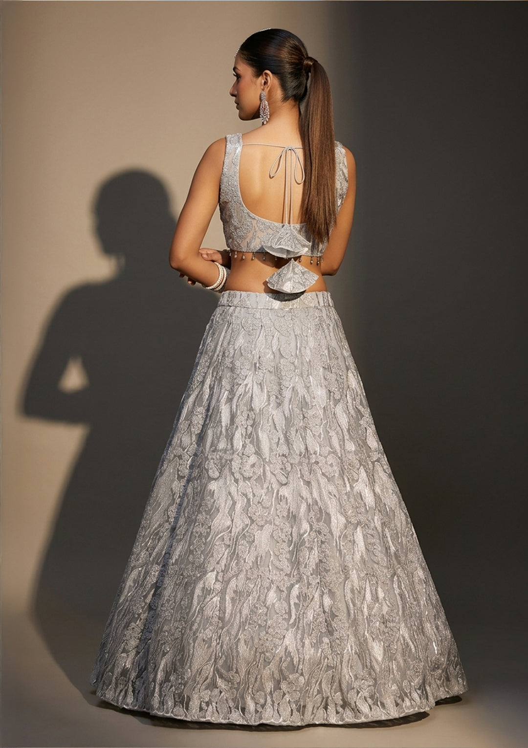 Grey Threadwork Net Readymade Lehenga