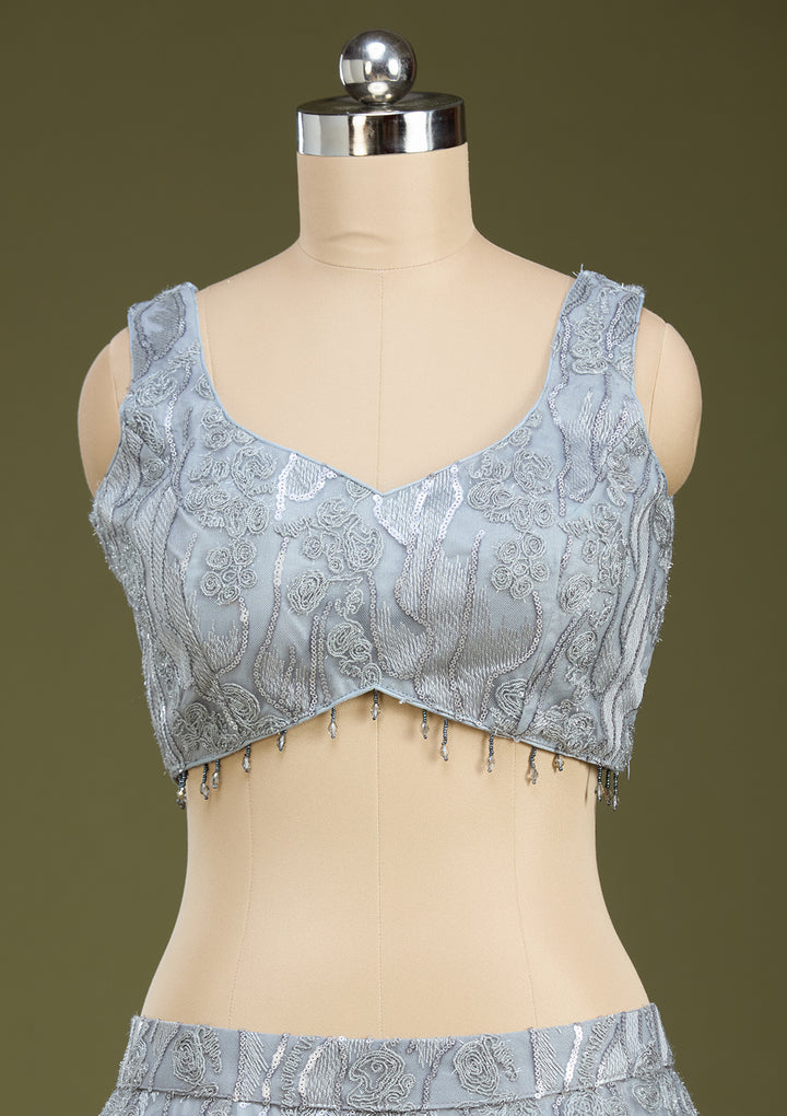 Grey Threadwork Net Readymade Lehenga