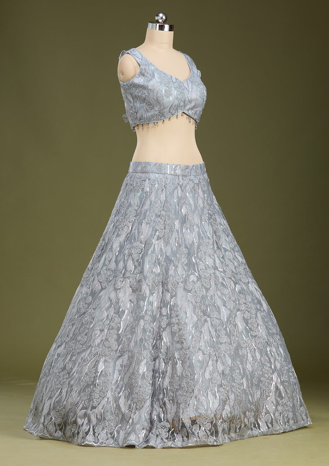 Grey Threadwork Net Readymade Lehenga