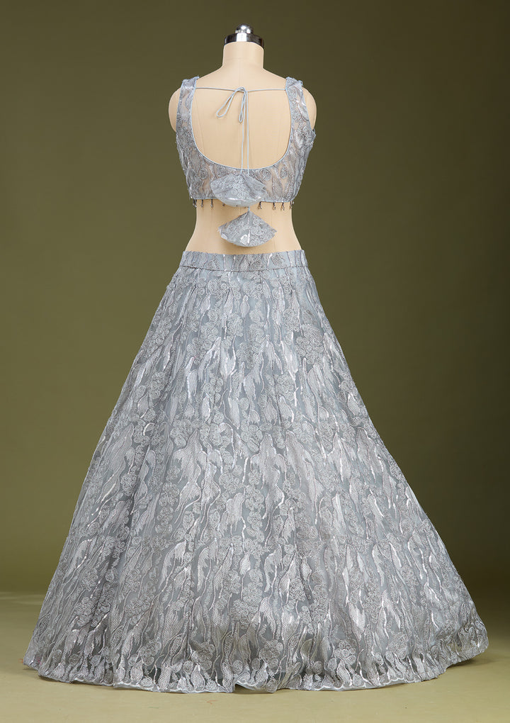 Grey Threadwork Net Readymade Lehenga