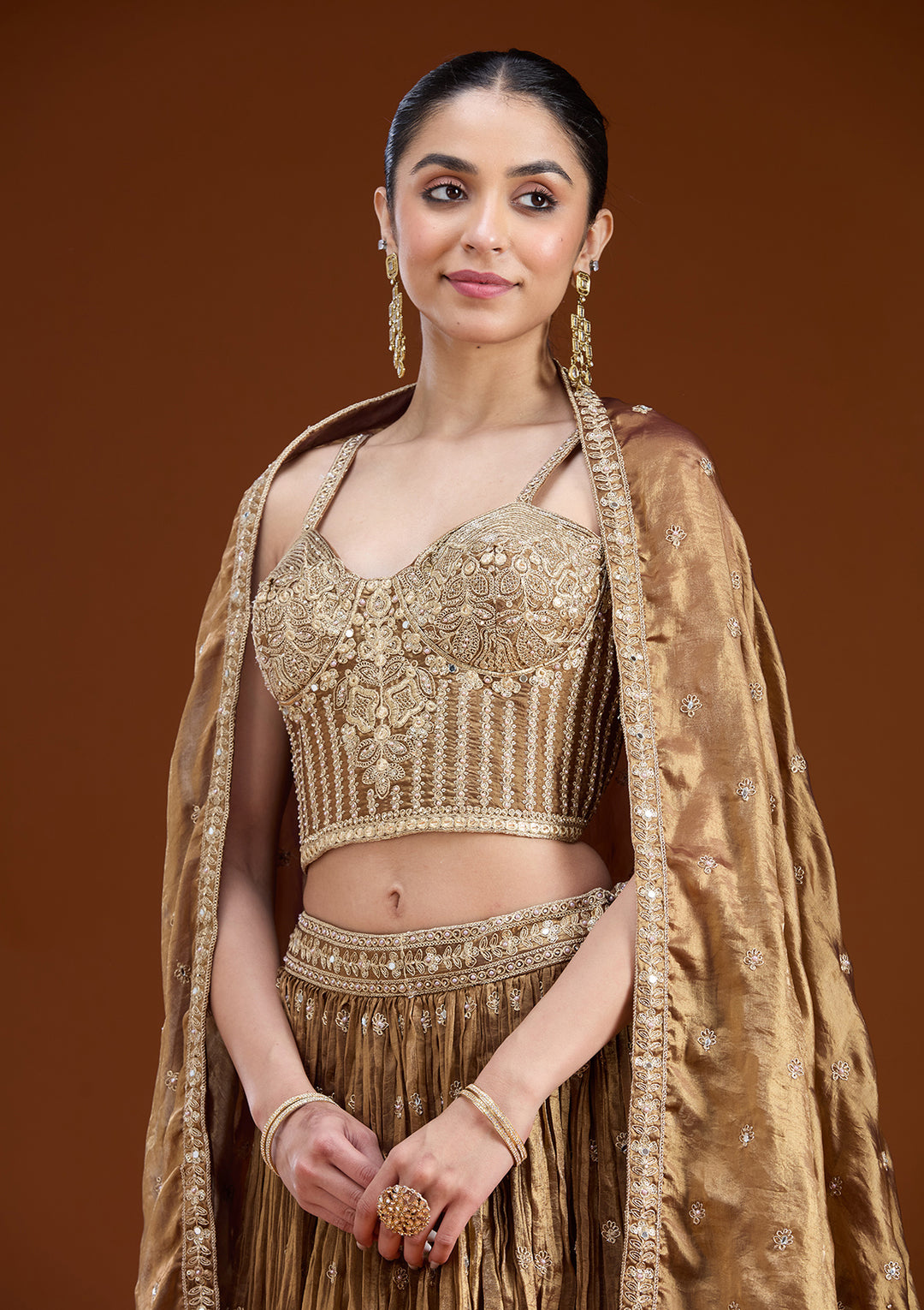 Copper Zariwork (Gold) Tissue Readymade Lehenga