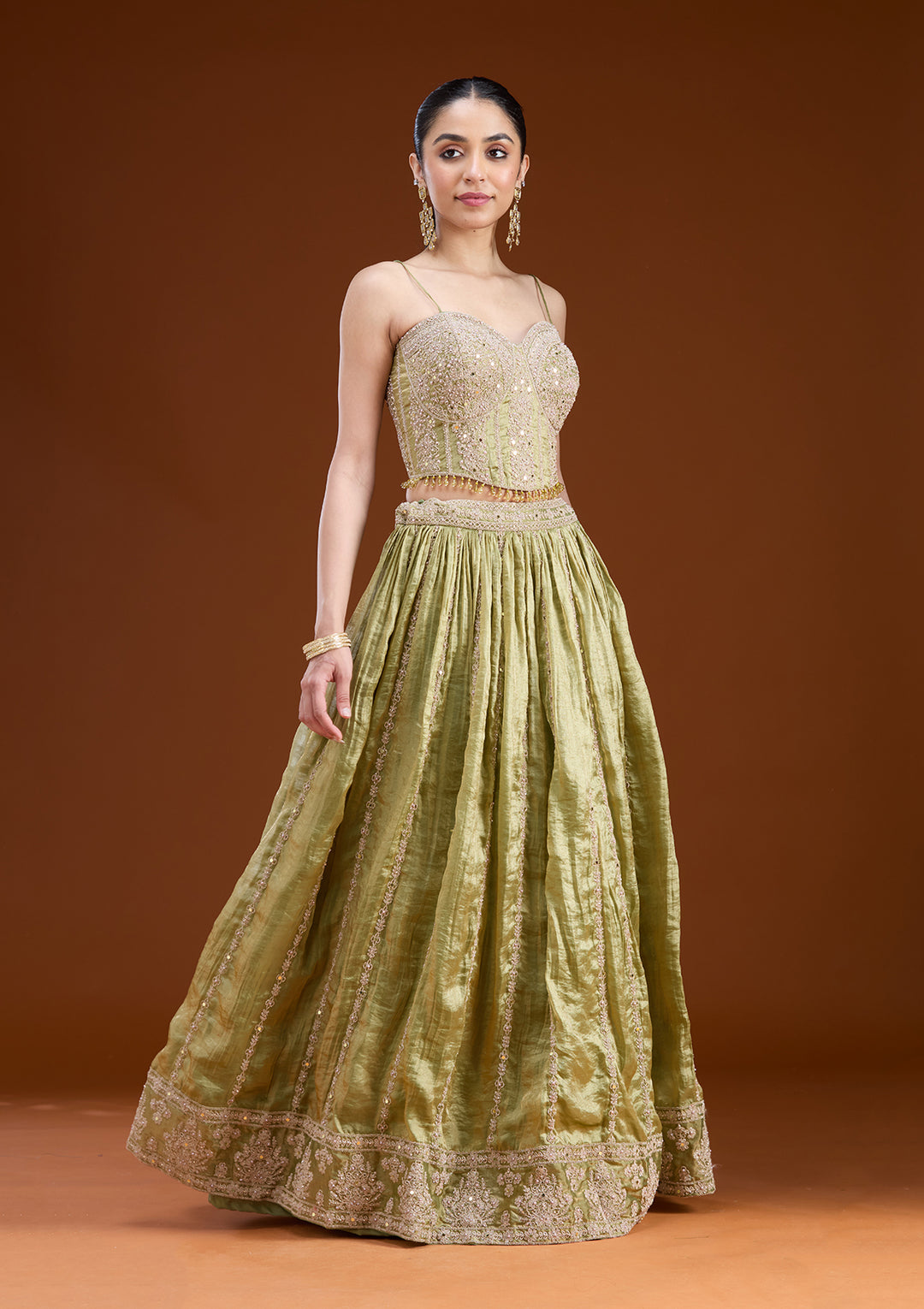 Mehandi Green Zariwork (Gold) Tissue Readymade Lehenga