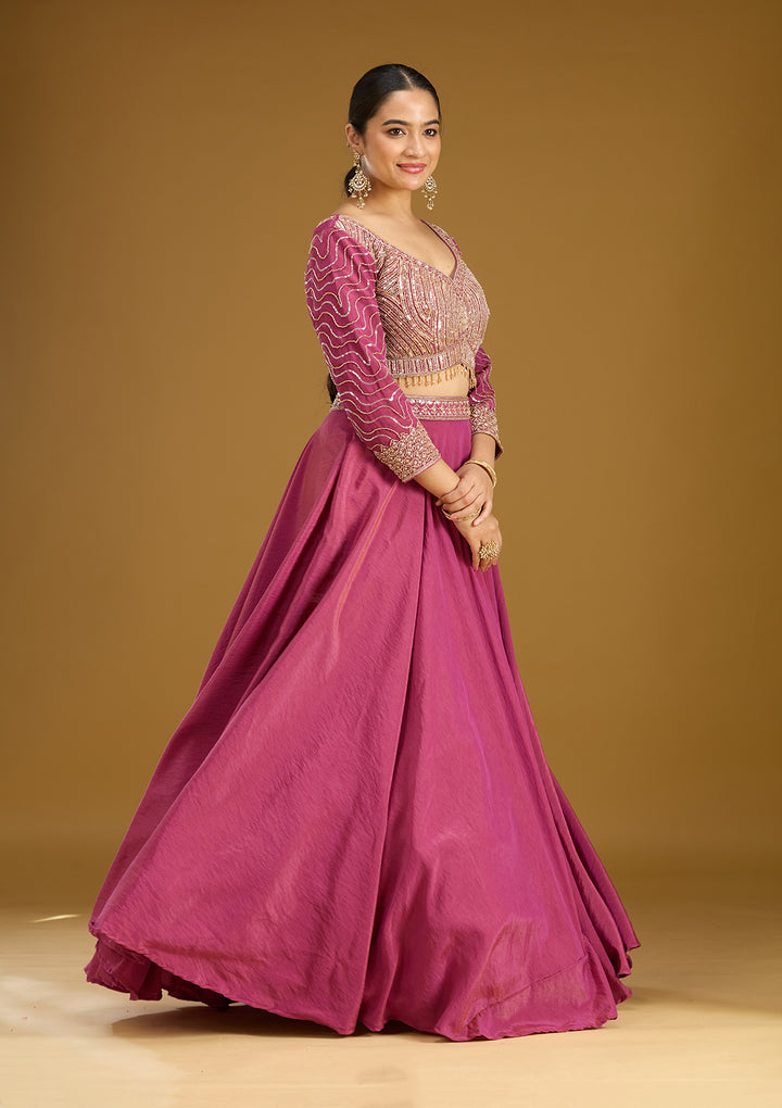 Onion Pink Sequins Tissue Readymade Lehenga
