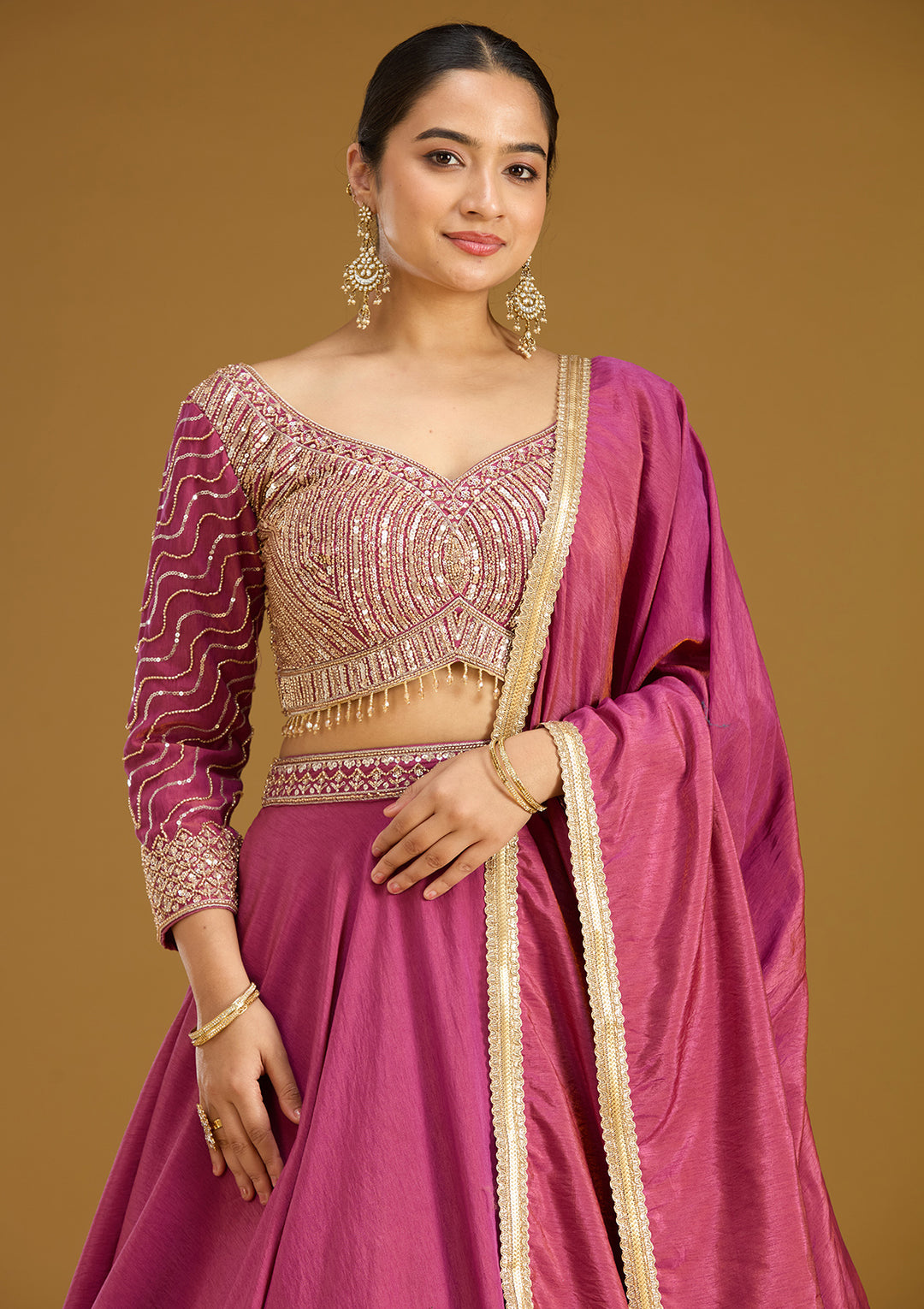 Onion Pink Sequins Tissue Readymade Lehenga