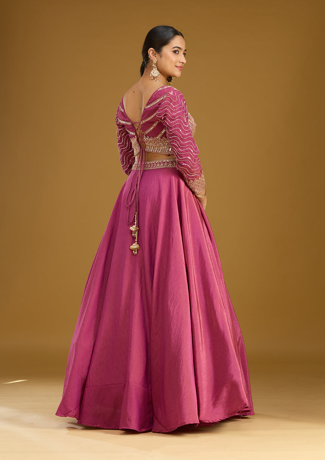 Onion Pink Sequins Tissue Readymade Lehenga