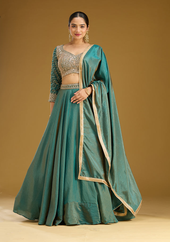 Teal Green Sequins Tissue Readymade Lehenga