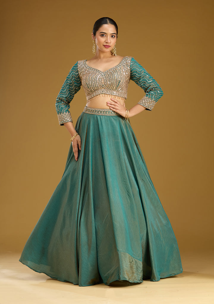 Teal Green Sequins Tissue Readymade Lehenga