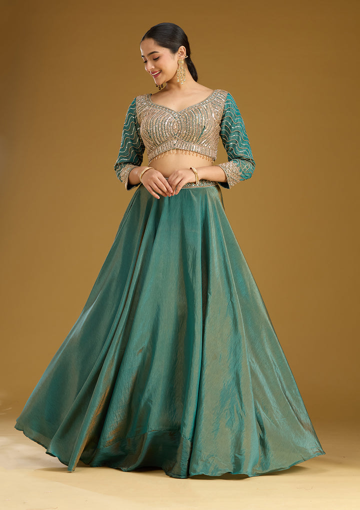 Teal Green Sequins Tissue Readymade Lehenga