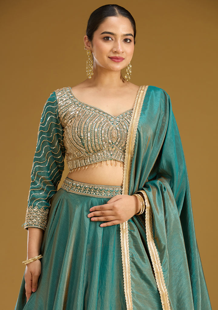 Teal Green Sequins Tissue Readymade Lehenga