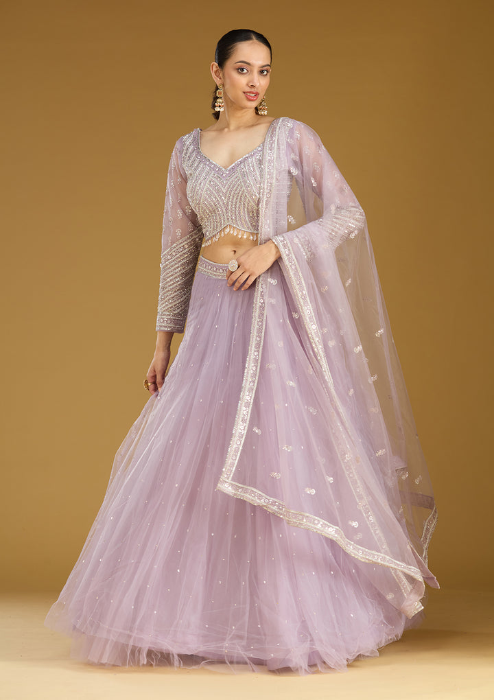 Lavender Sequins Net Readymade Lehenga
