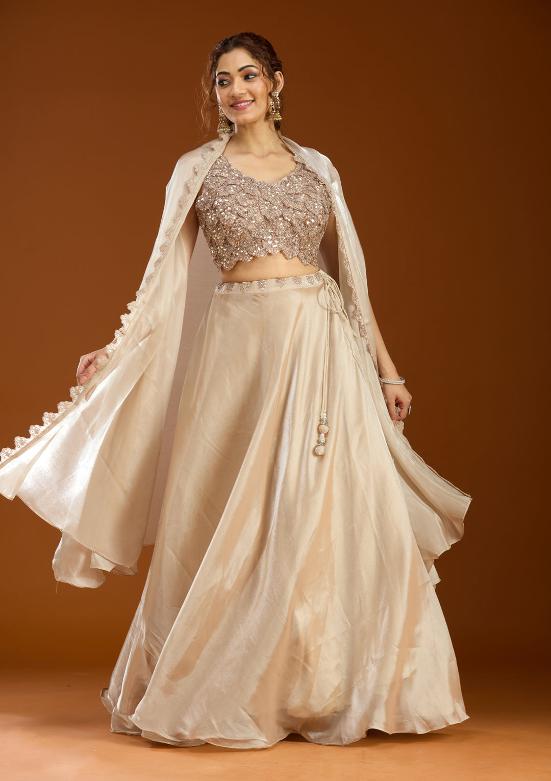 Beige Sequins Organza Readymade Lehenga