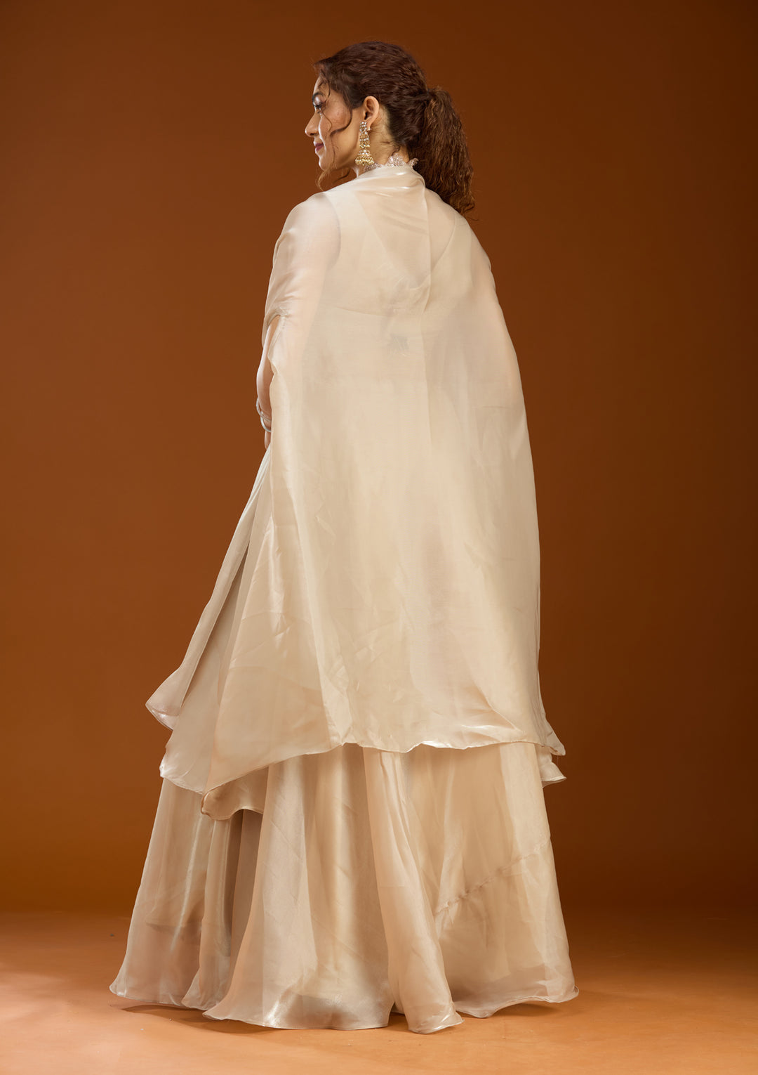 Beige Sequins Organza Readymade Lehenga