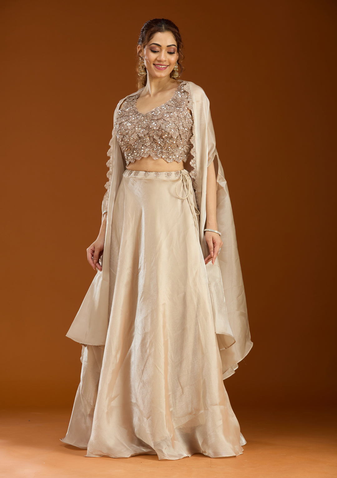 Beige Sequins Organza Readymade Lehenga