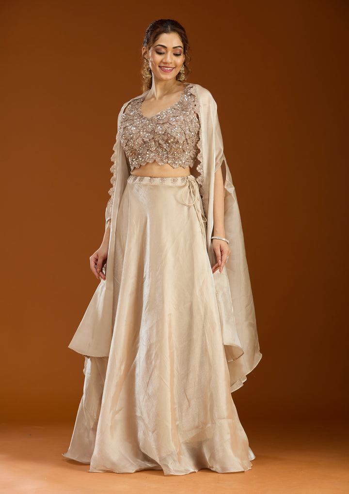 Beige Sequins Organza Readymade Lehenga