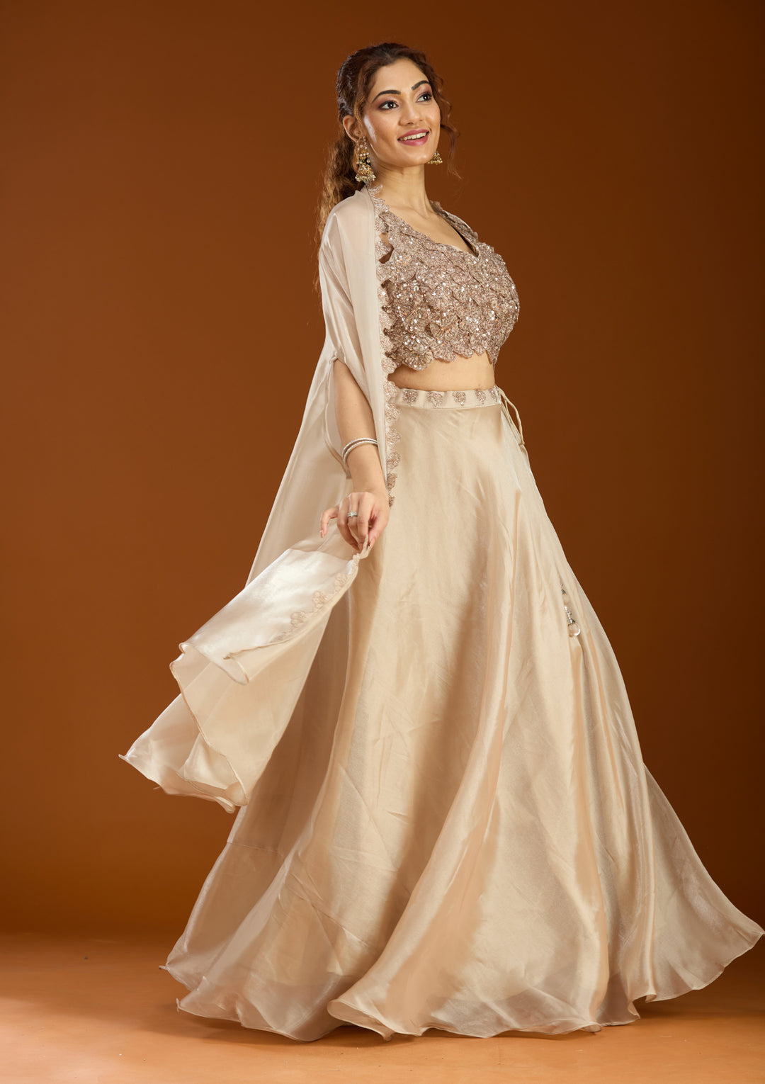 Beige Sequins Organza Readymade Lehenga