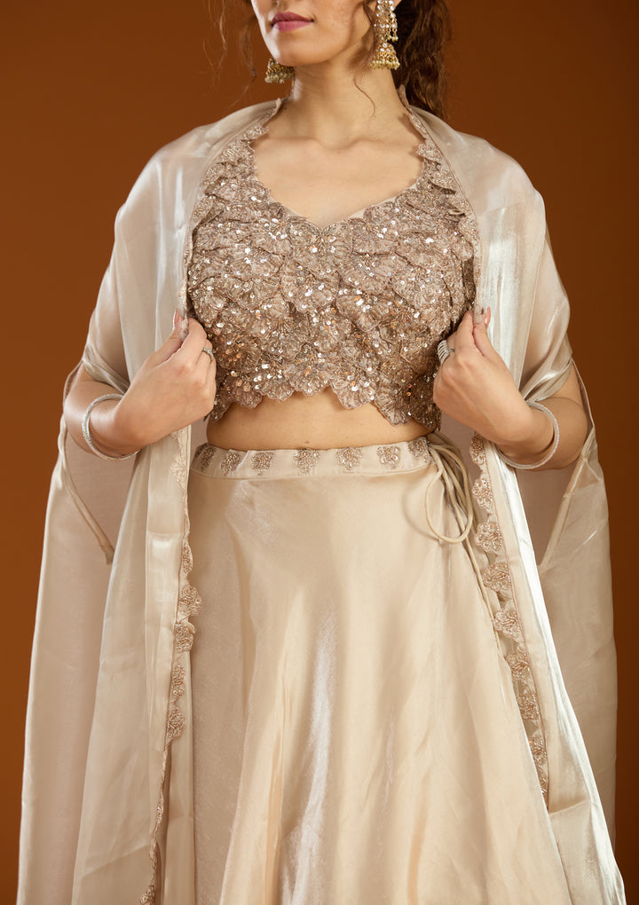 Beige Sequins Organza Readymade Lehenga