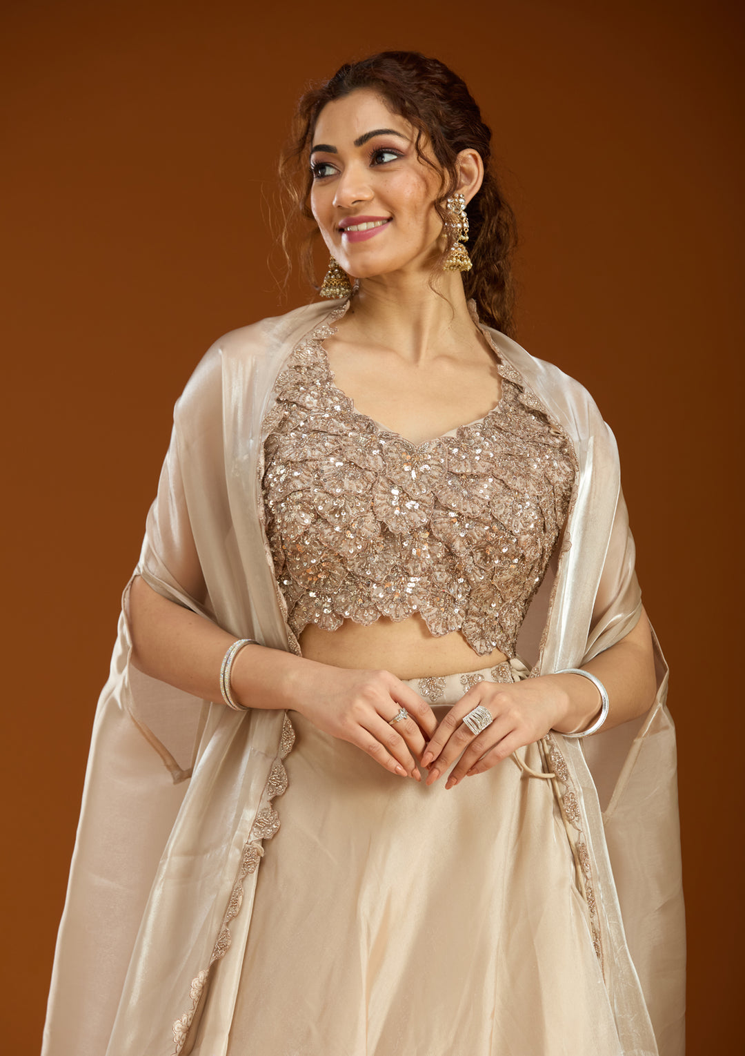 Beige Sequins Organza Readymade Lehenga