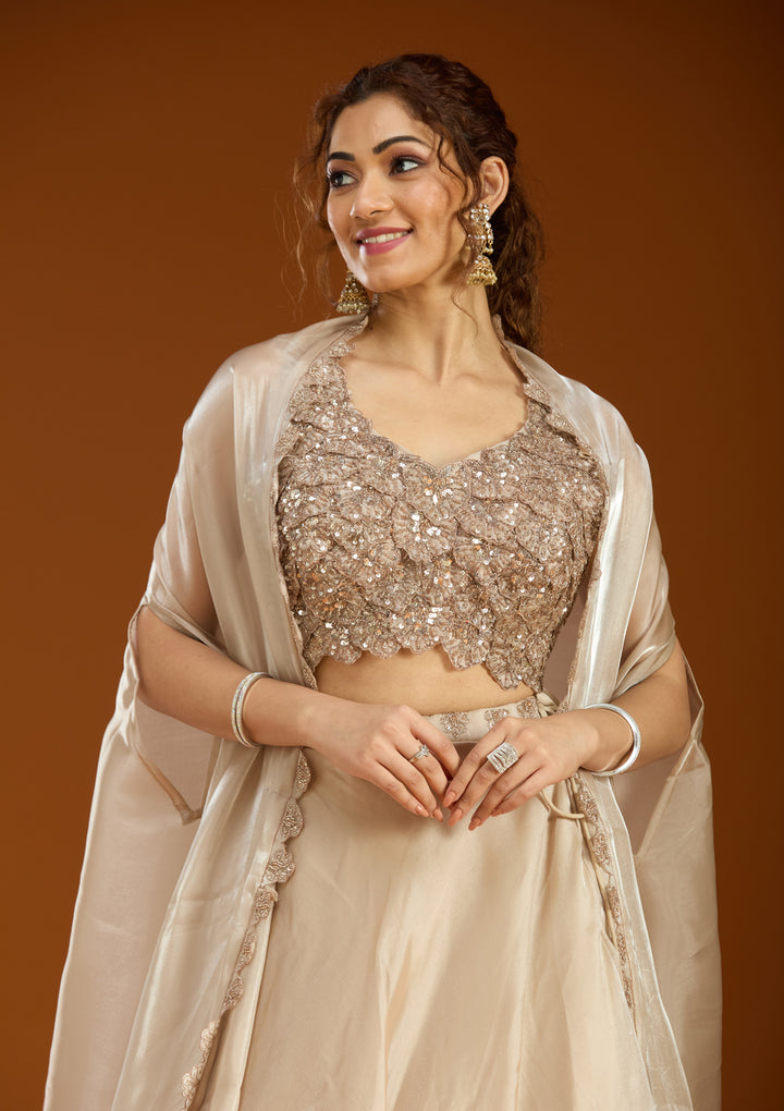 Beige Sequins Organza Readymade Lehenga