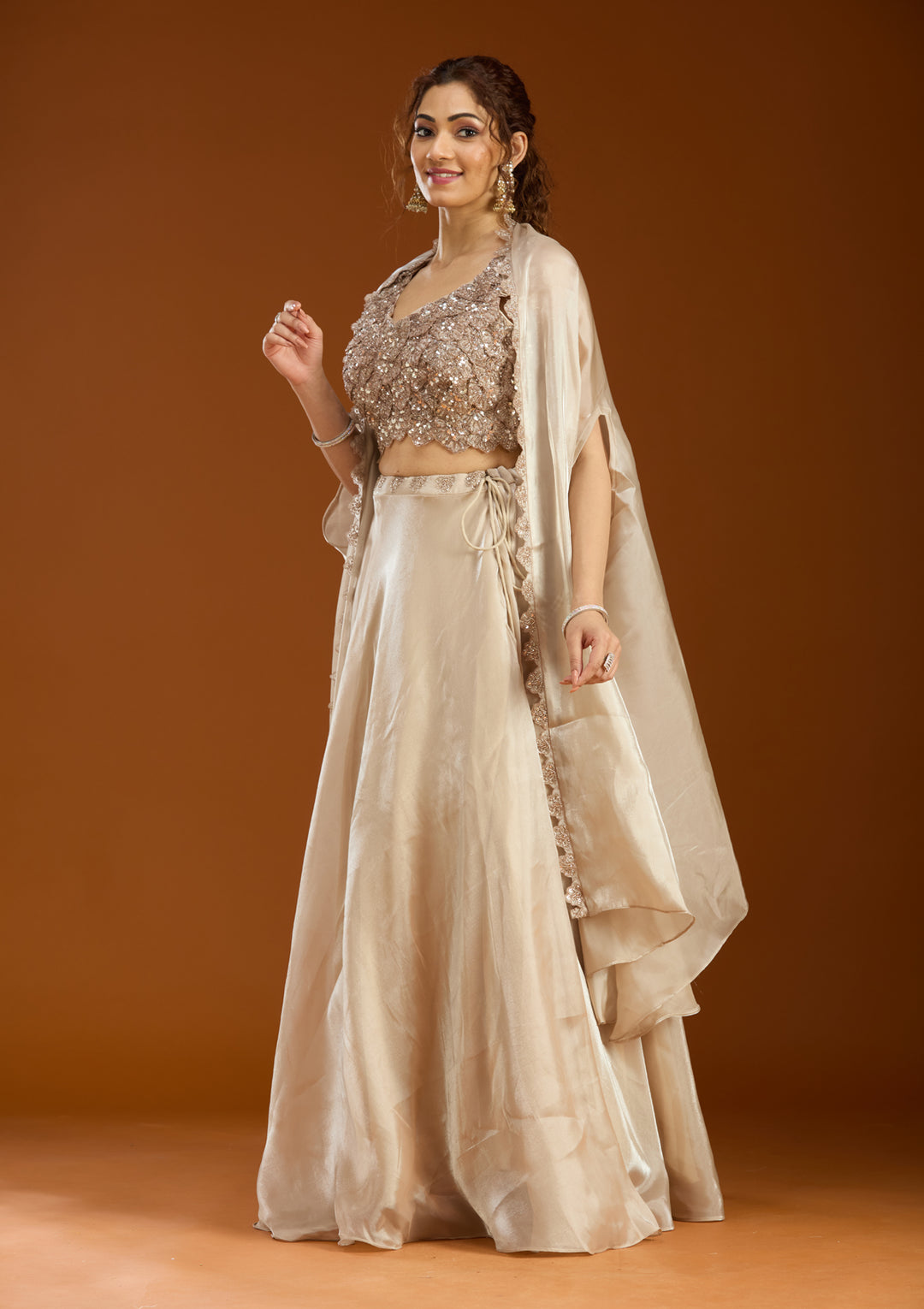 Beige Sequins Organza Readymade Lehenga