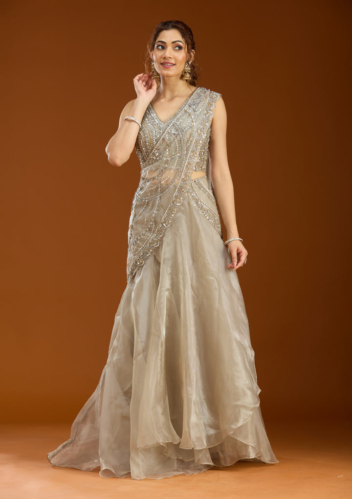 Light Grey Sequins Organza Readymade Lehenga