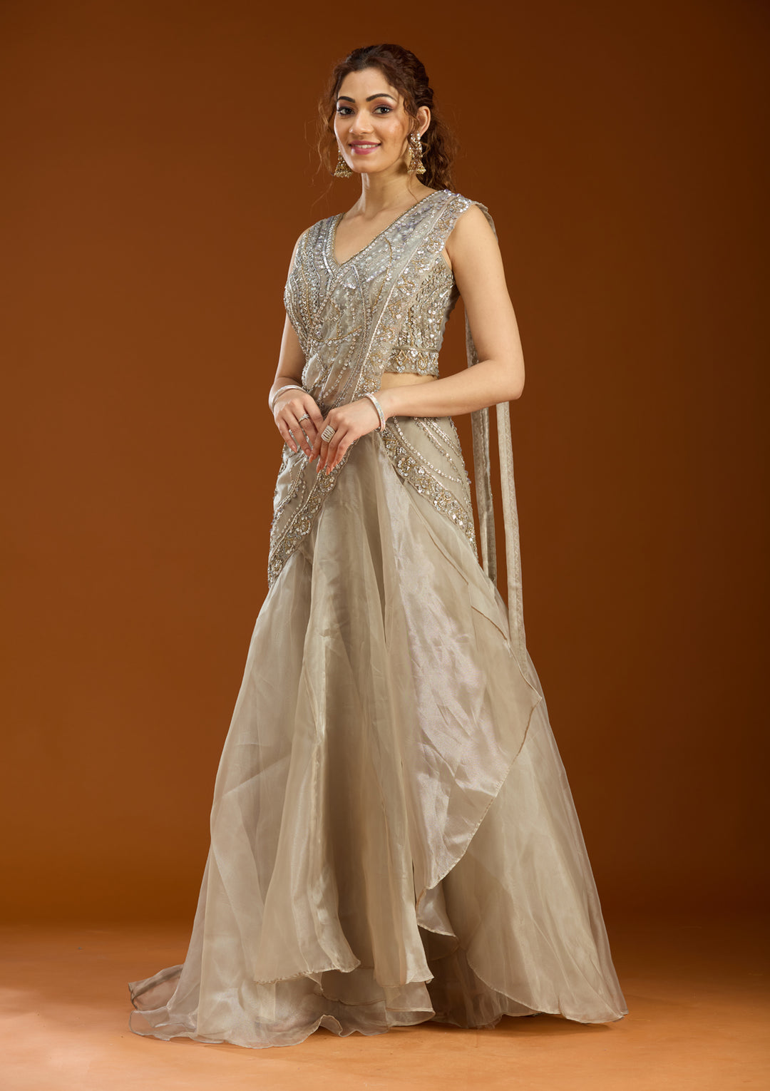 Light Grey Sequins Organza Readymade Lehenga