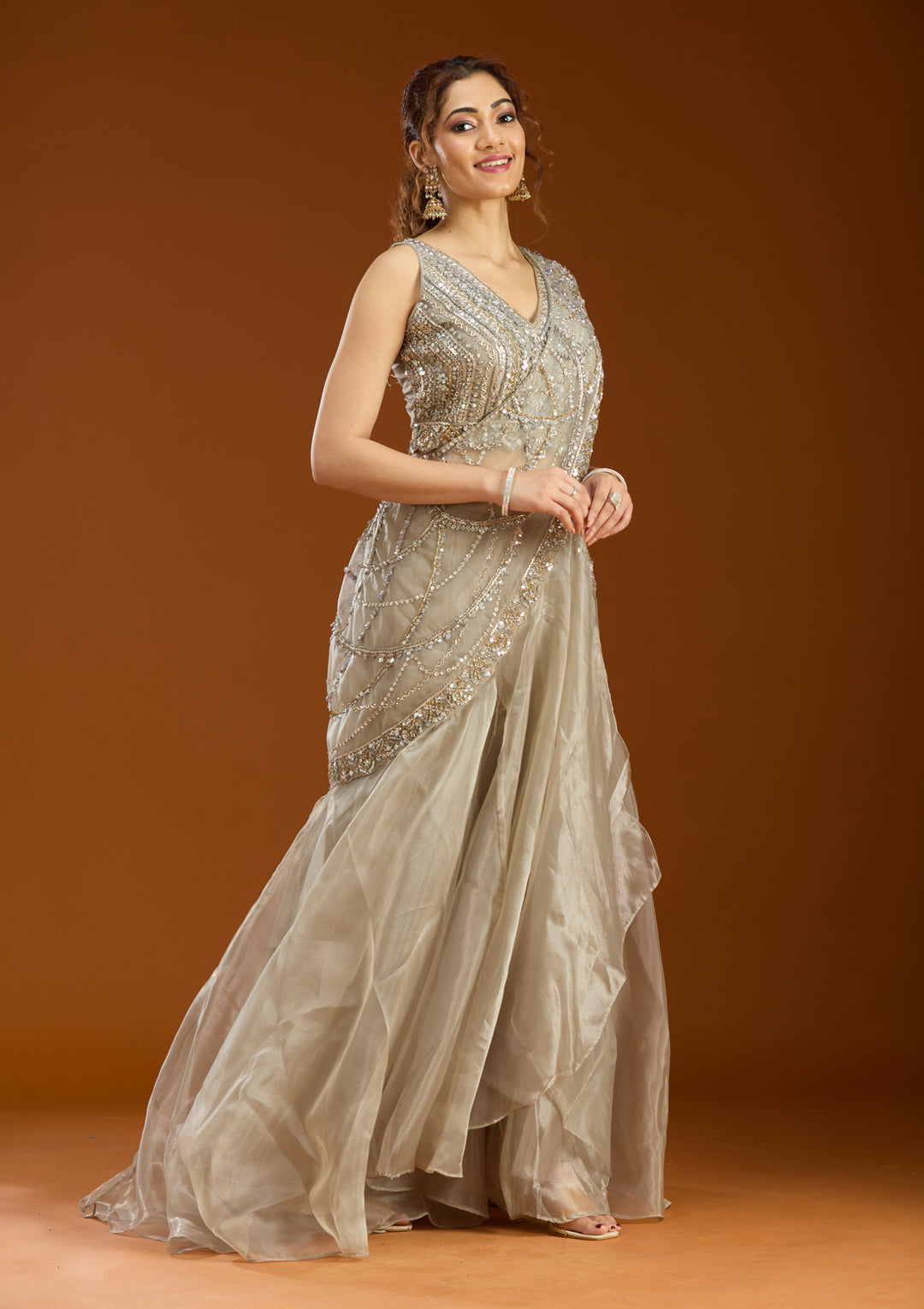 Light Grey Sequins Organza Readymade Lehenga
