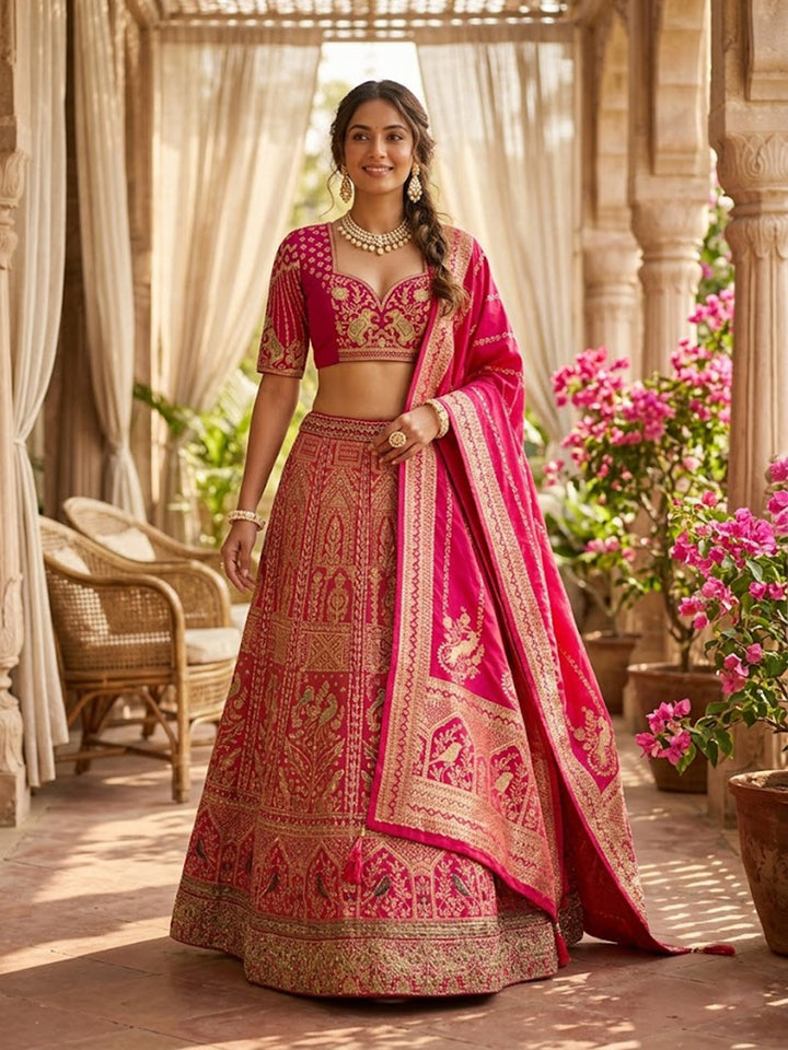 Rani Pink Zariwork (Gold) Banarasi Readymade Lehenga