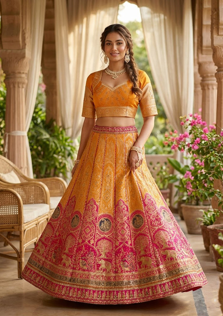 Mustard Zariwork (Gold) Banarasi Readymade Lehenga