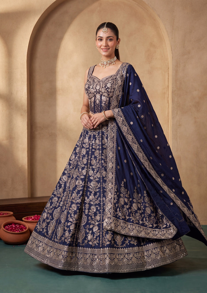 Navy Blue Zariwork (Gold) Crepe Readymade Lehenga