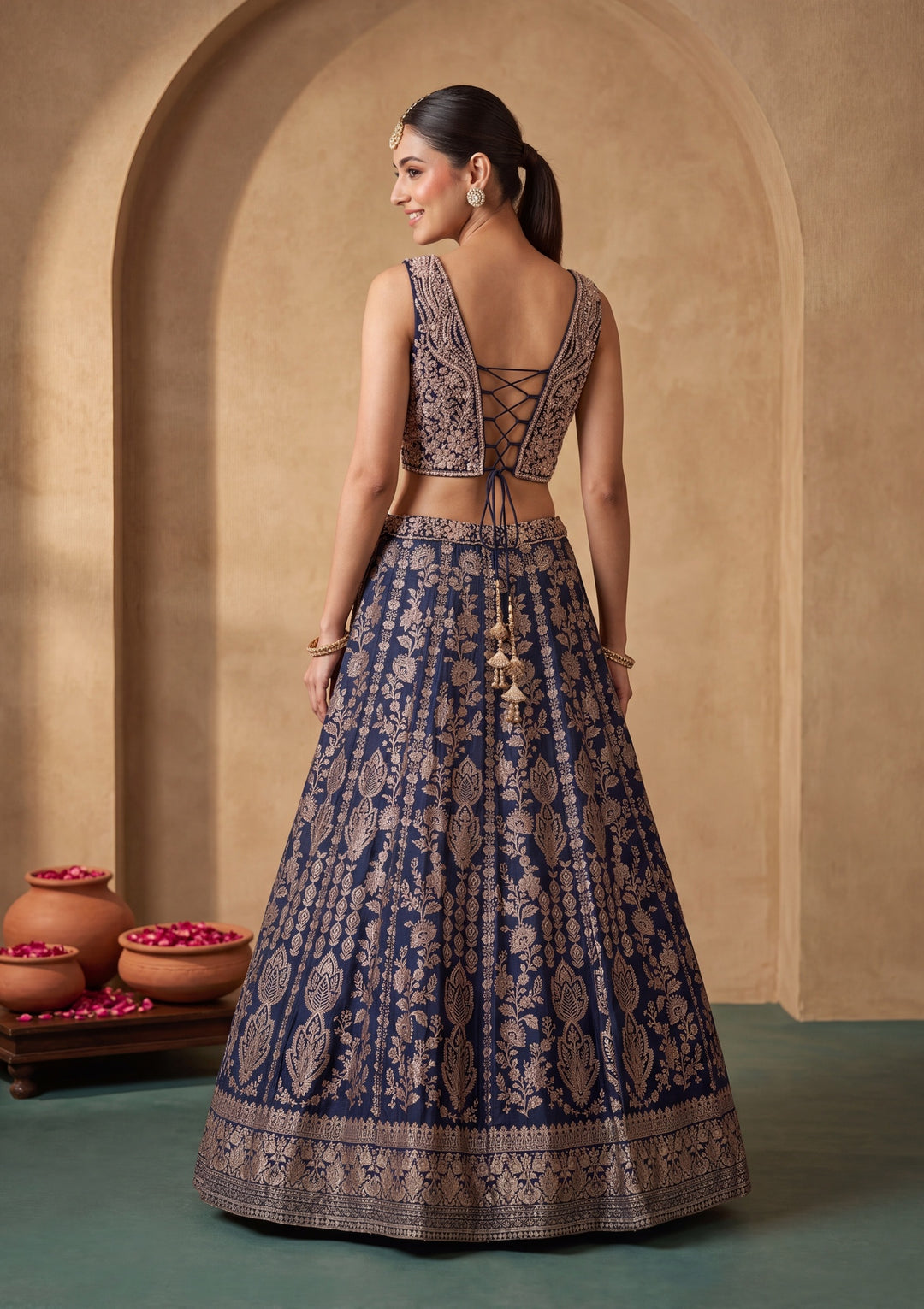 Navy Blue Zariwork (Gold) Crepe Readymade Lehenga