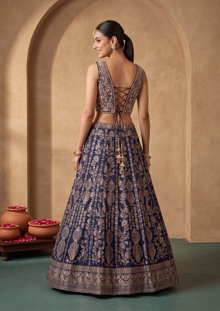 Navy Blue Zariwork (Gold) Crepe Readymade Lehenga