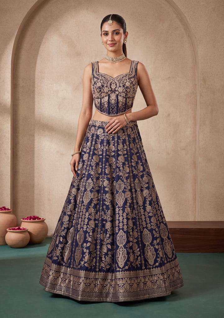 Navy Blue Zariwork (Gold) Crepe Readymade Lehenga