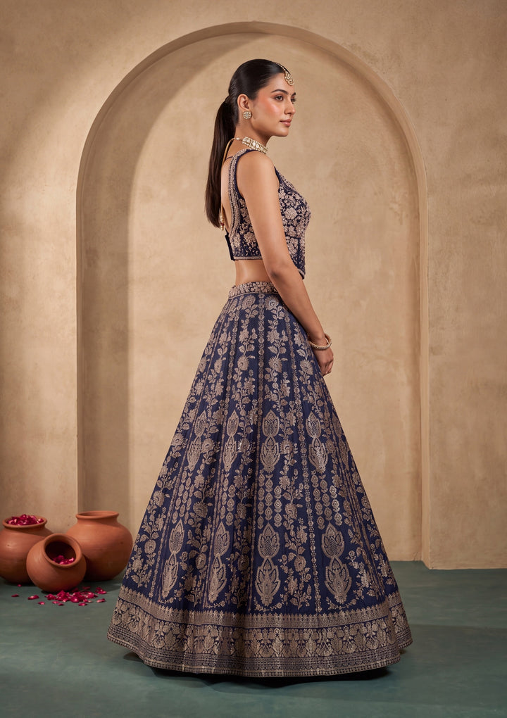 Navy Blue Zariwork (Gold) Crepe Readymade Lehenga