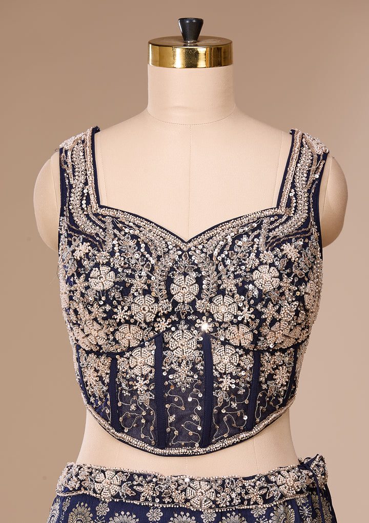 Navy Blue Zariwork (Gold) Crepe Readymade Lehenga