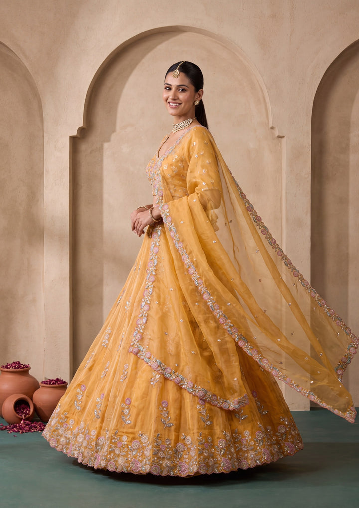 Mustard Yellow Cording Tissue Readymade Lehenga
