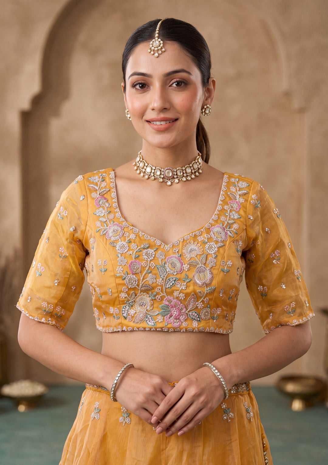 Mustard Yellow Cording Tissue Readymade Lehenga