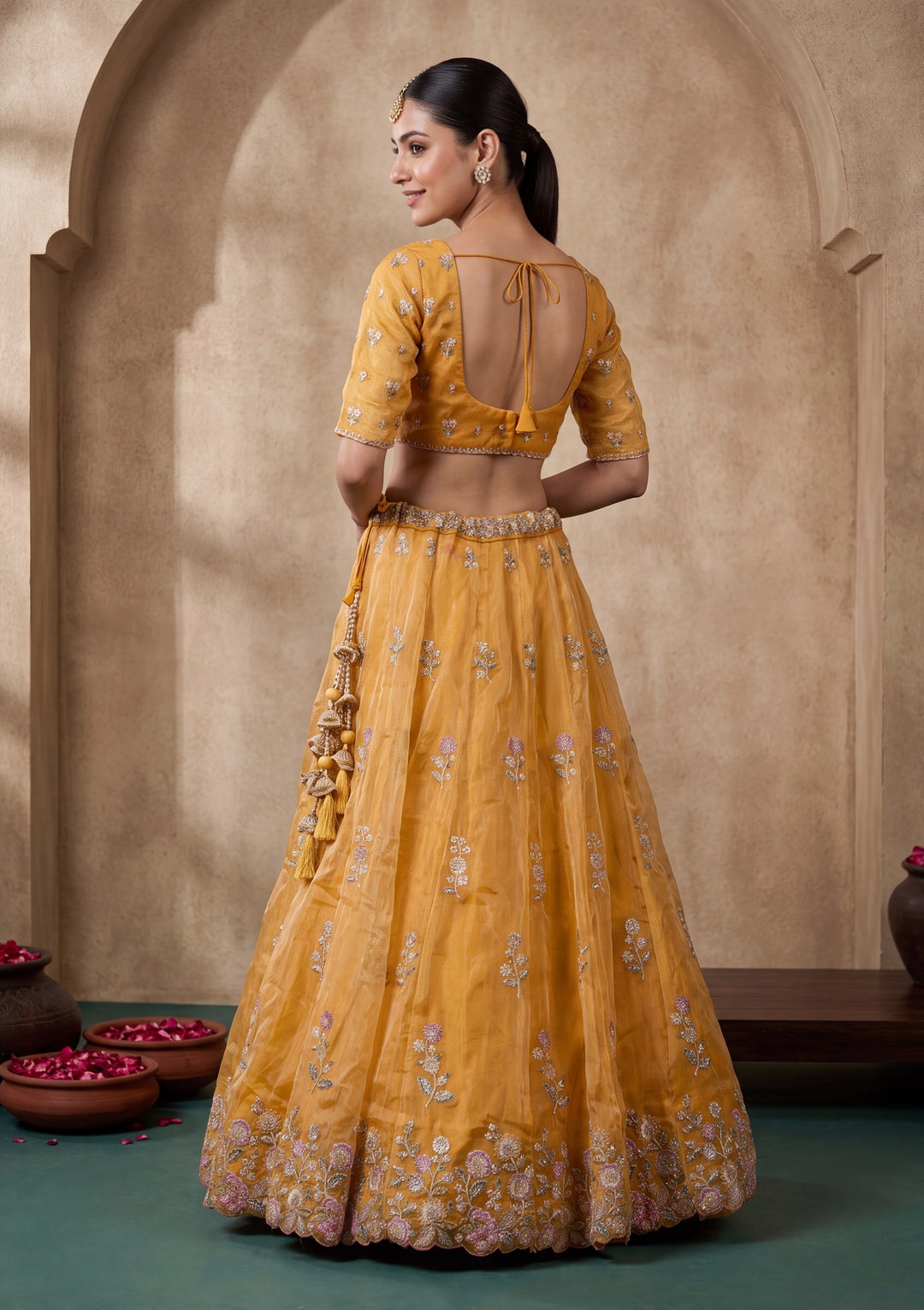 Mustard Yellow Cording Tissue Readymade Lehenga