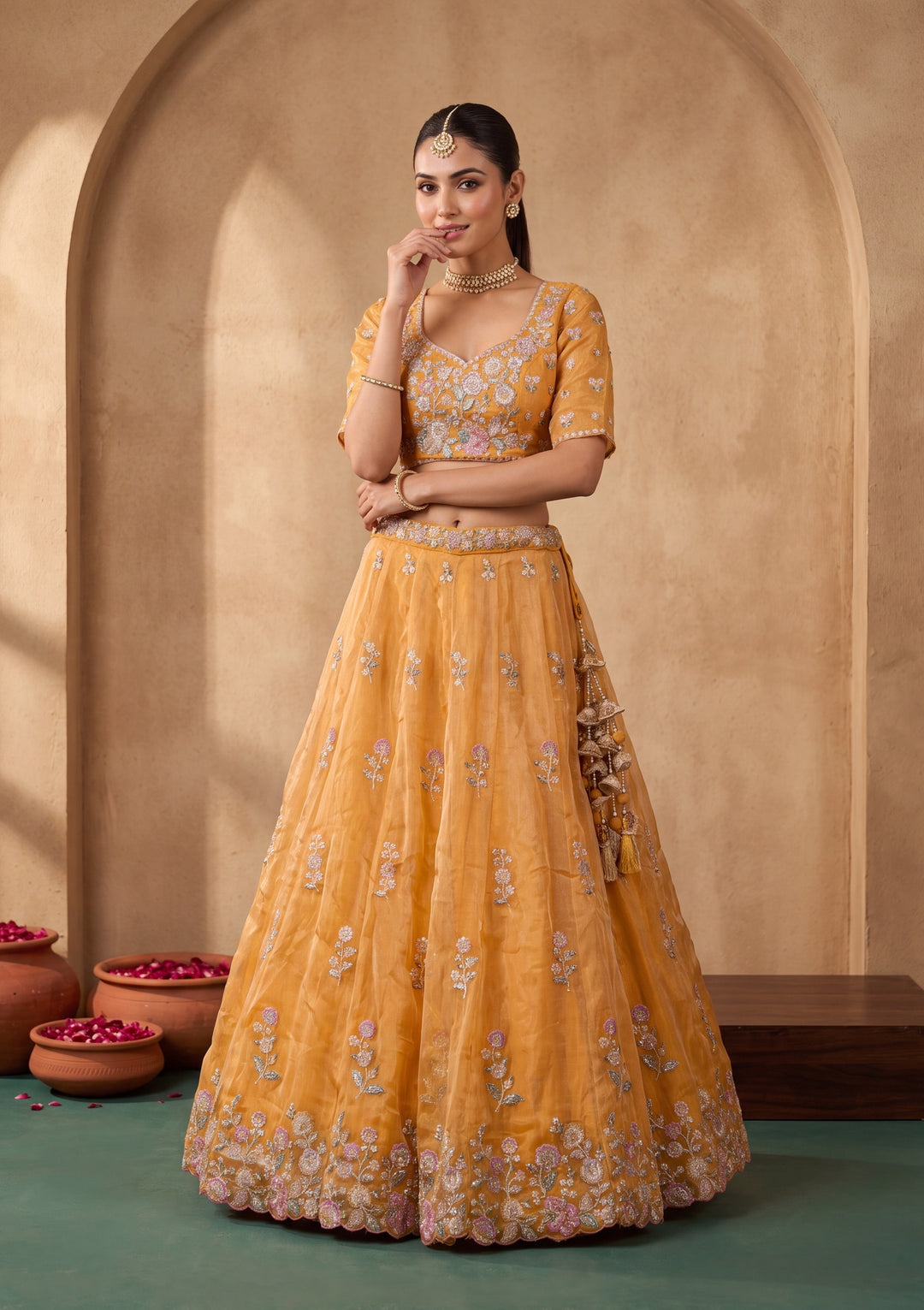 Mustard Yellow Cording Tissue Readymade Lehenga