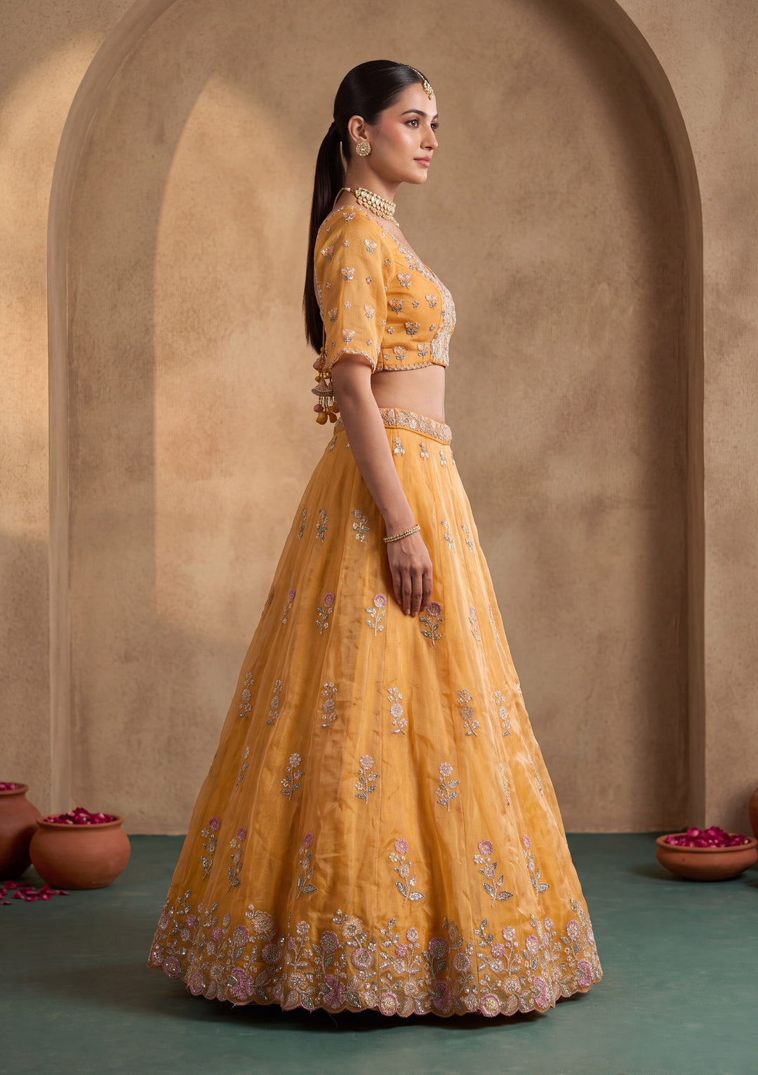 Mustard Yellow Cording Tissue Readymade Lehenga