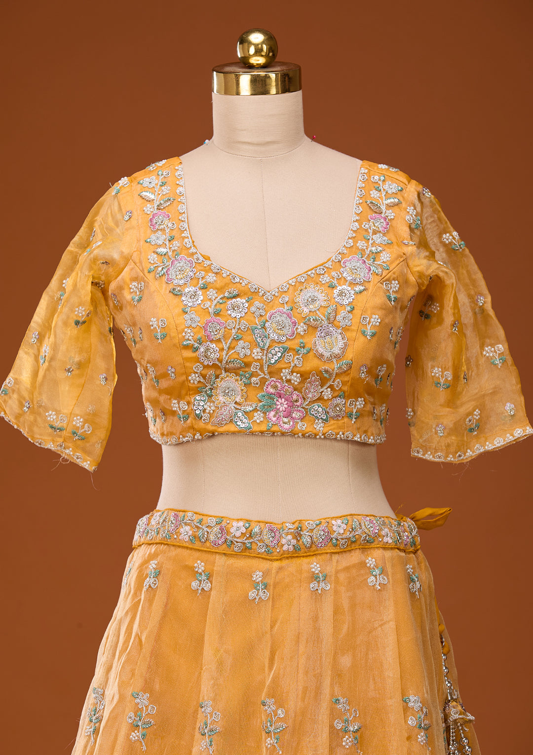 Mustard Yellow Cording Tissue Readymade Lehenga