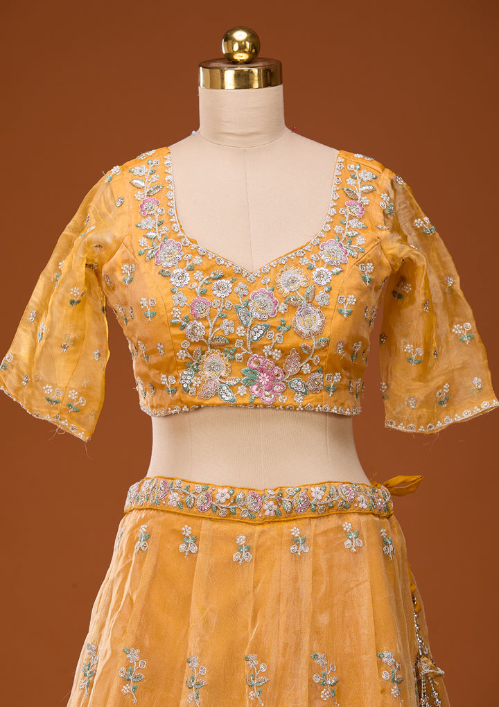Mustard Yellow Cording Tissue Readymade Lehenga