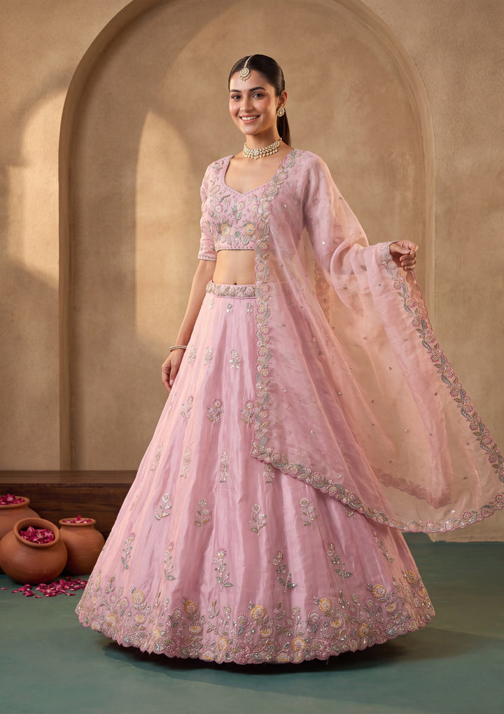 Pink Cording Tissue Readymade Lehenga