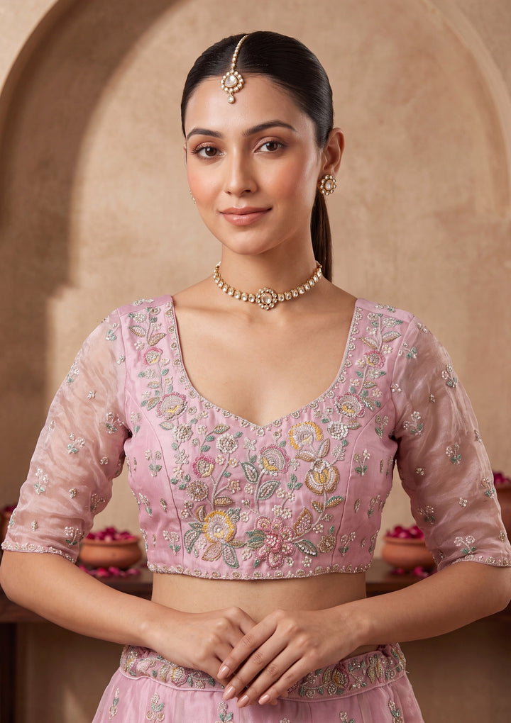 Pink Cording Tissue Readymade Lehenga