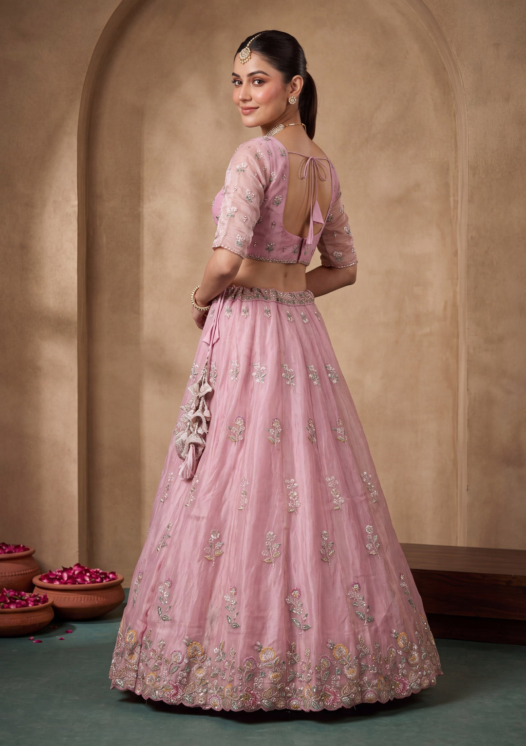Pink Cording Tissue Readymade Lehenga