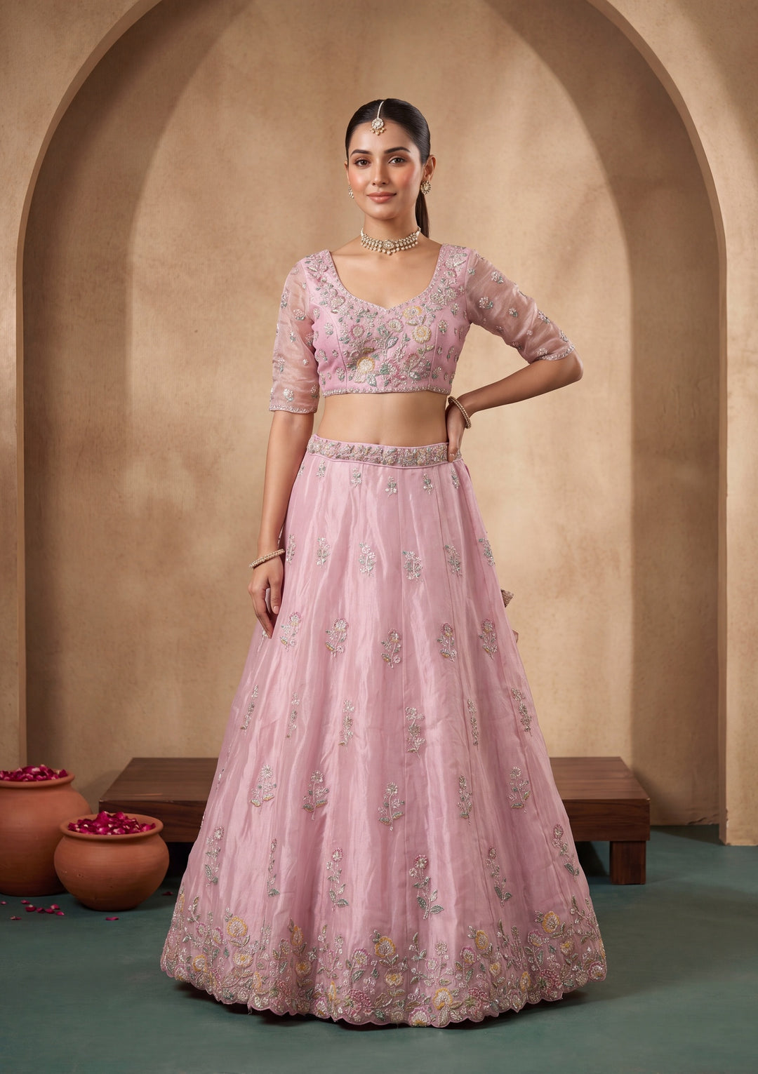 Pink Cording Tissue Readymade Lehenga