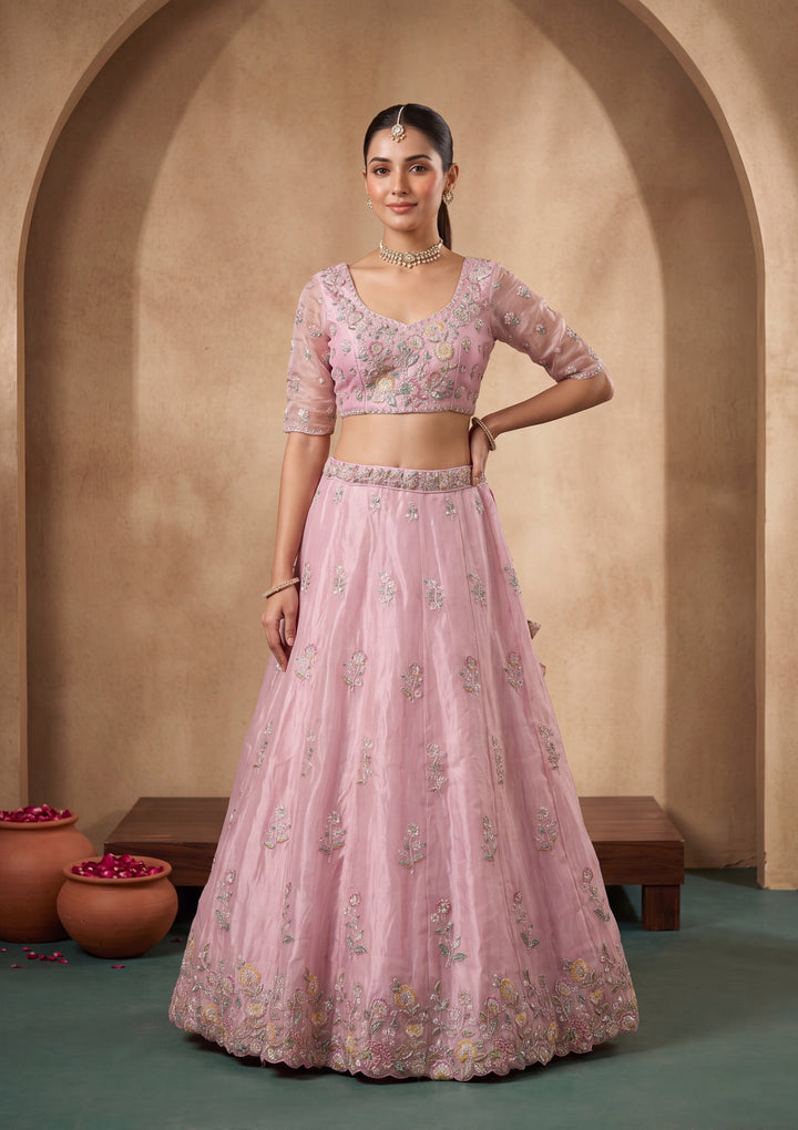 Pink Cording Tissue Readymade Lehenga