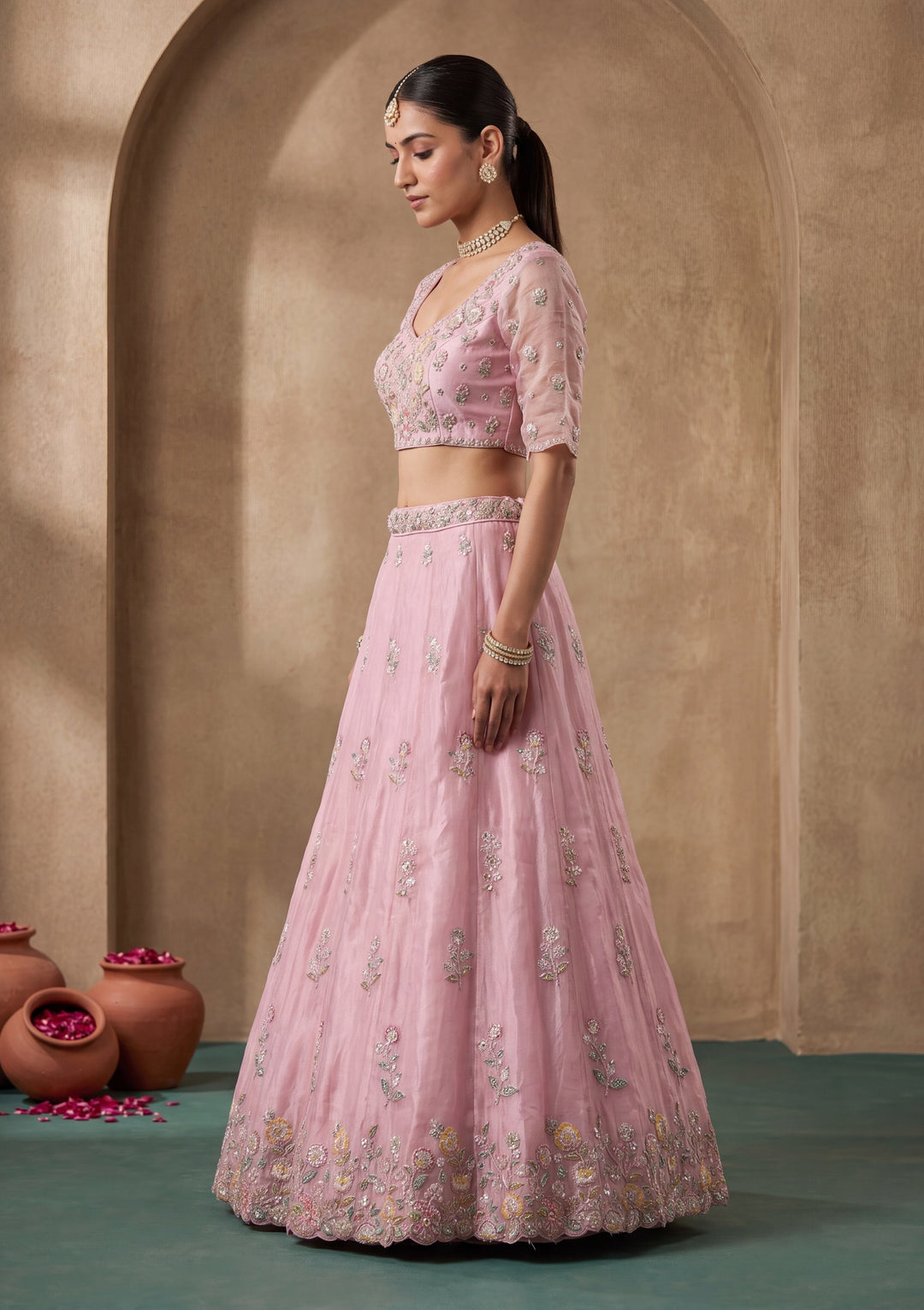 Pink Cording Tissue Readymade Lehenga
