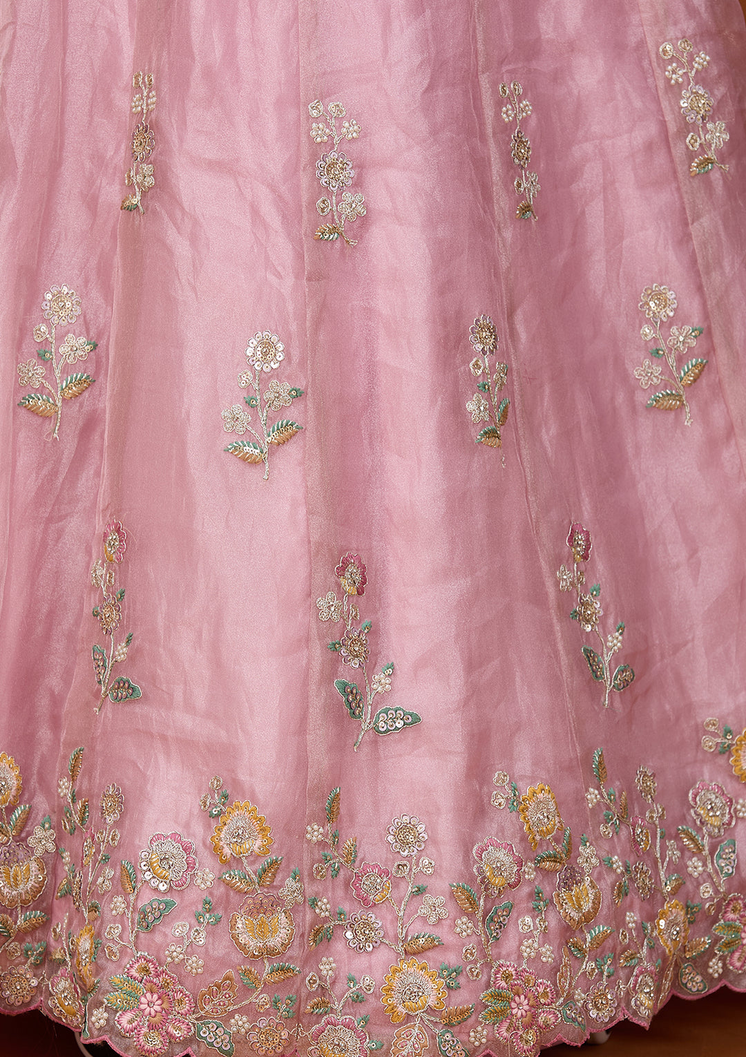 Pink Cording Tissue Readymade Lehenga